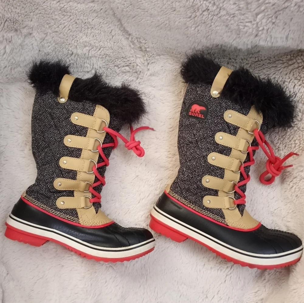 Sorel Women's Black, Tan & Red Winter Rain Boots with Faux Fur Trim